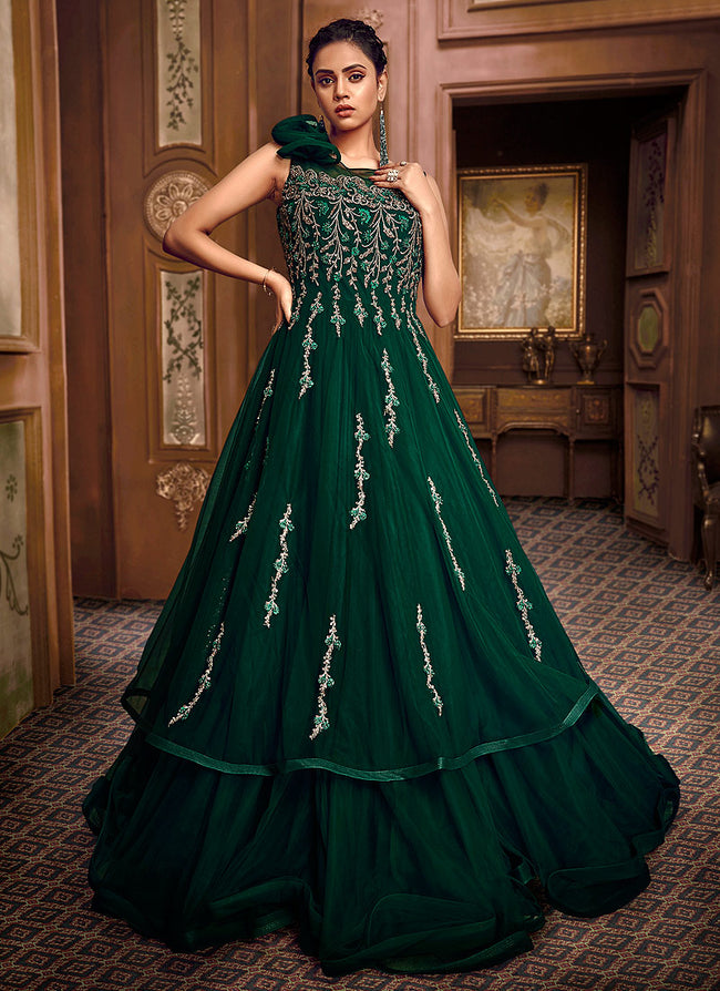 Buy Online Peacock Green Brocade Gown Indo Western Top|lovelyweddingmall.com